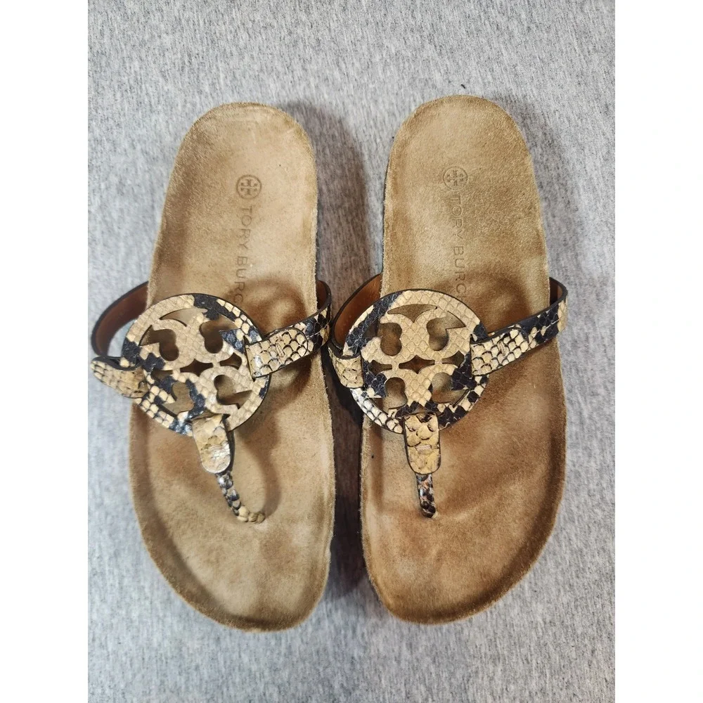 Tory Burch Miller Cloud Snakeskin Leather Thong Sandals Tan Black Womens 8
